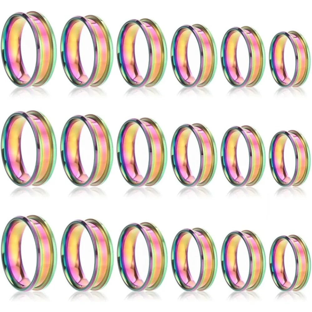 

18Pcs Ring Cores Inlay Ring Blanks Stainless Steel Rainbow Color Grooved US Size 7/8/9/10/11/12 Round Empty Jewelry kit