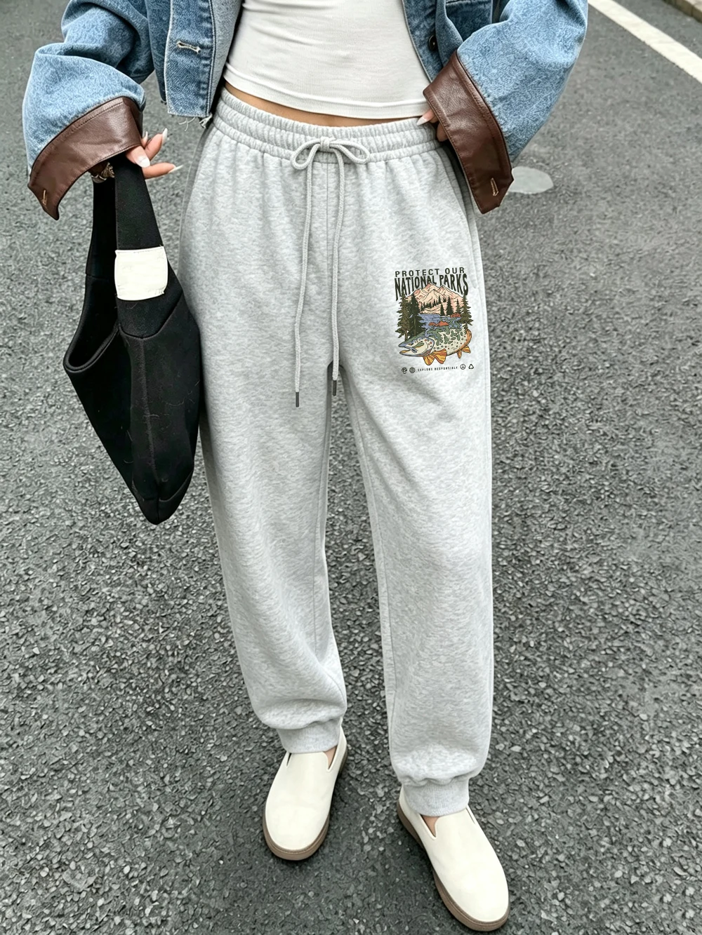 Protect Our National Parks Trout Printed Sweatpants Womens Basics Loose Trousers Casual Fleece Warm Pants Winter Pocket Clothes