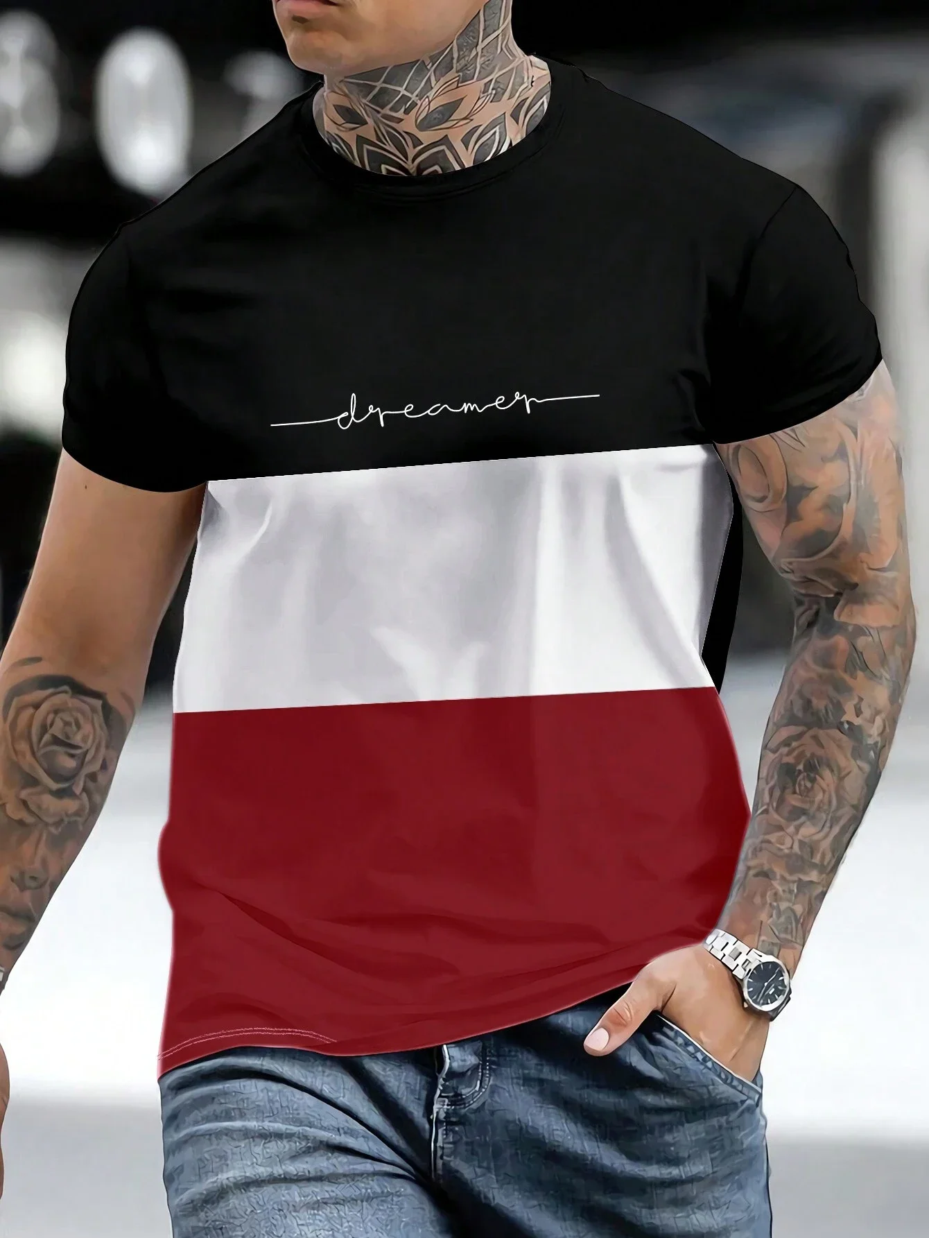 

Fashion Color Block Letter Print T Shirt For Men Casual Simplicity Harajuku Short Sleeve Loose Tops Summer Breathable O-neck Tee