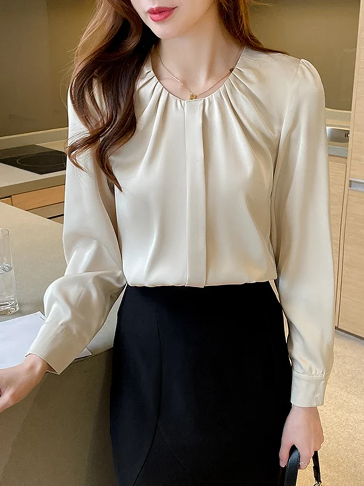 Blusa de gasa blanca para mujer, camisa elegante de manga larga con cuello redondo, moda coreana para oficina, OL