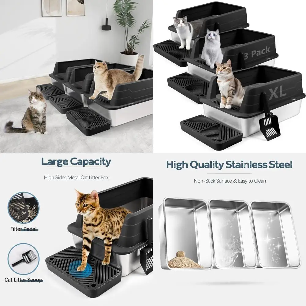 

Большой металлический лоток для кошек с высокими бортиками, совком, защитой от разбрызгивания, легко моется, черный
