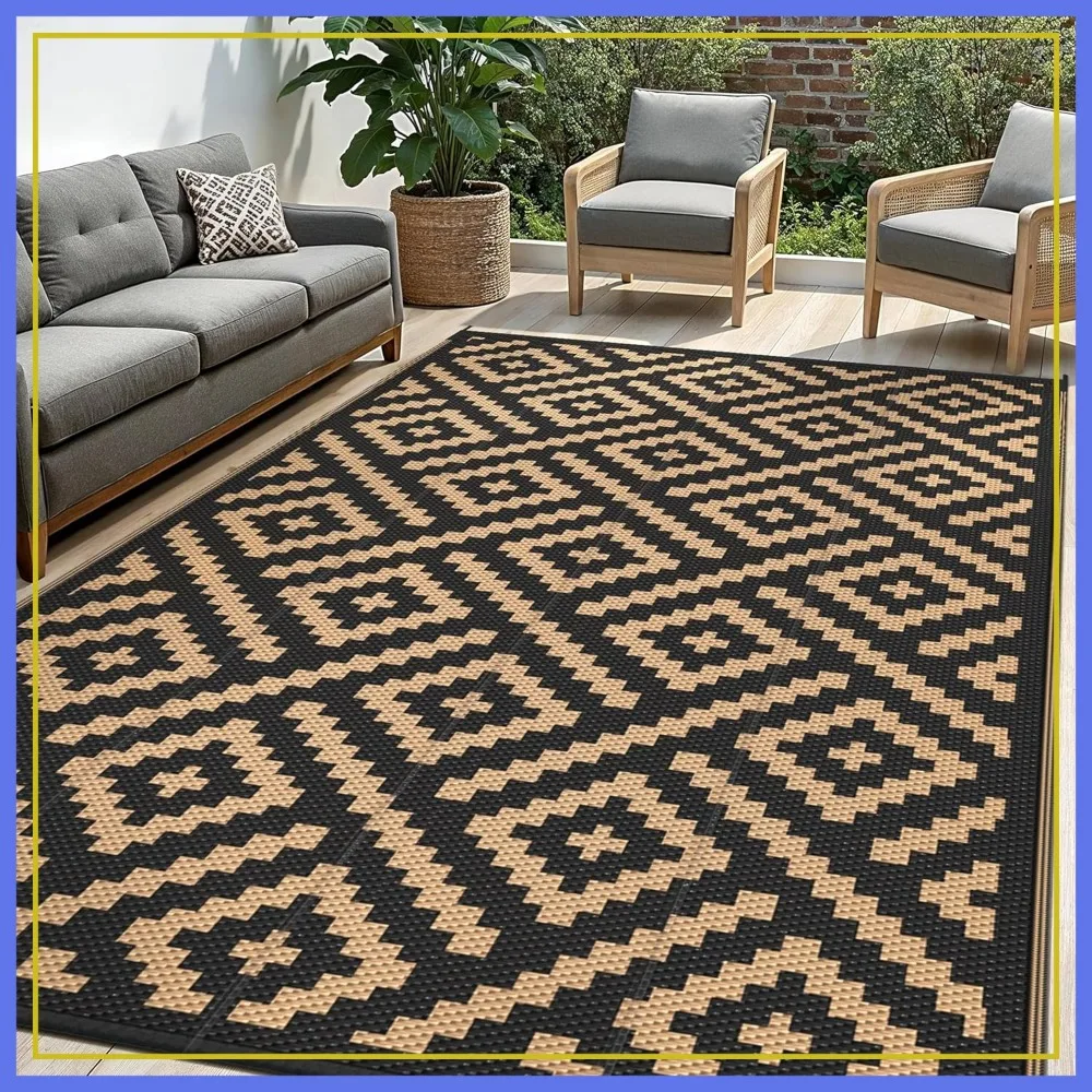 

Waterproof Outdoor Rug 10x14 ft Reversible Camping Mat for Patio Deck Picnic Black Brown