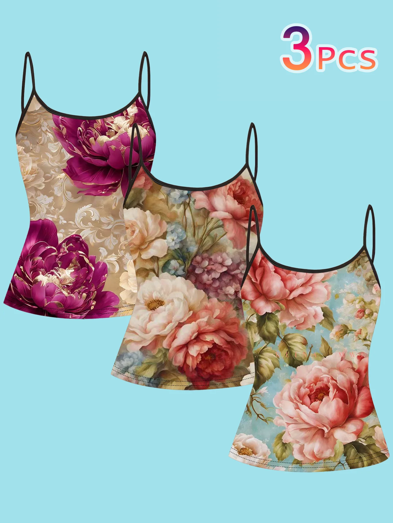 3-Piece Set of Oil Painting Style Peony Print Camisole for Women, Summer Slim-Fit Spaghetti Strap Top with a Stylish Vibe