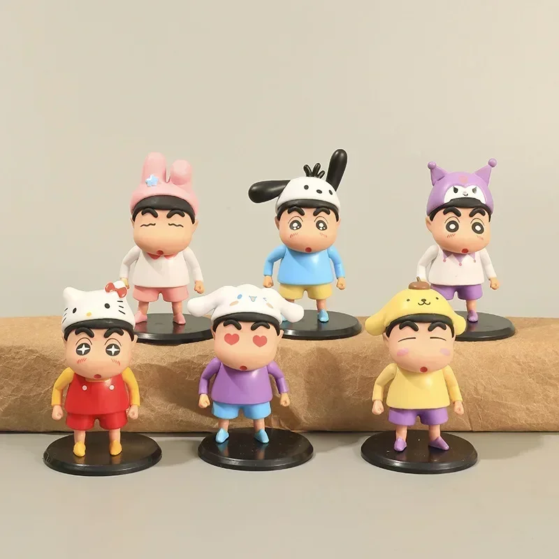 6pcs Crayon Shin-chan Figures Q-version Toy Anime Hand-made Spot Egg Vending Machine Models Decor Room Ornament Doll Gifts