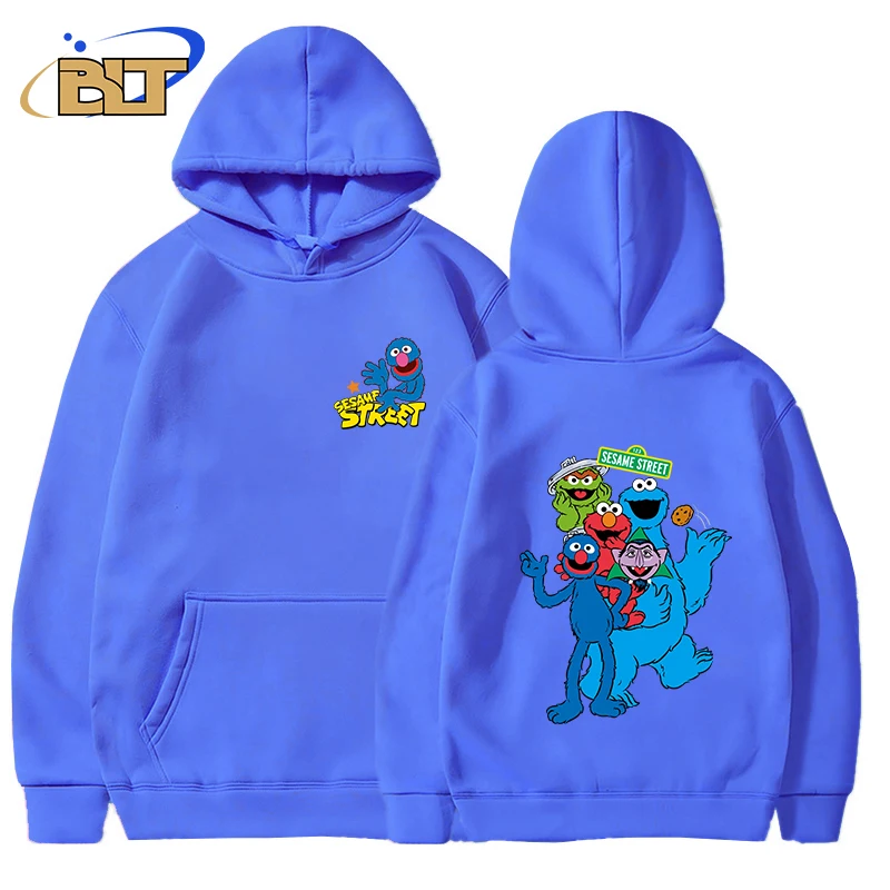 Sesame Street Printed Men\'s Autumn and Winter Hoodie Plus Fleece Sports Sweatshirt Blue Loose Top