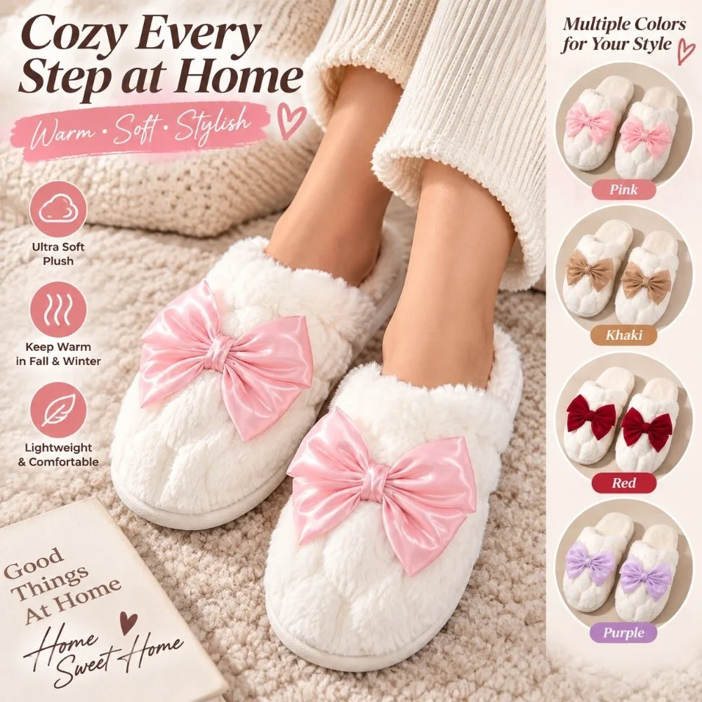 Durable 3D Bow Women's Cotton Slippers Winter Warm Soft Fabric Couple Slippers Non-Slip Comfortable Home Slippers for Women