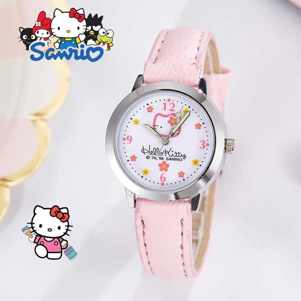 

Женские кварцевые часы Sanrio Hello Kitty, высококачественный ремешок из искусственной кожи, изысканные женские часы, модные студенческие часы, праздничный подарок