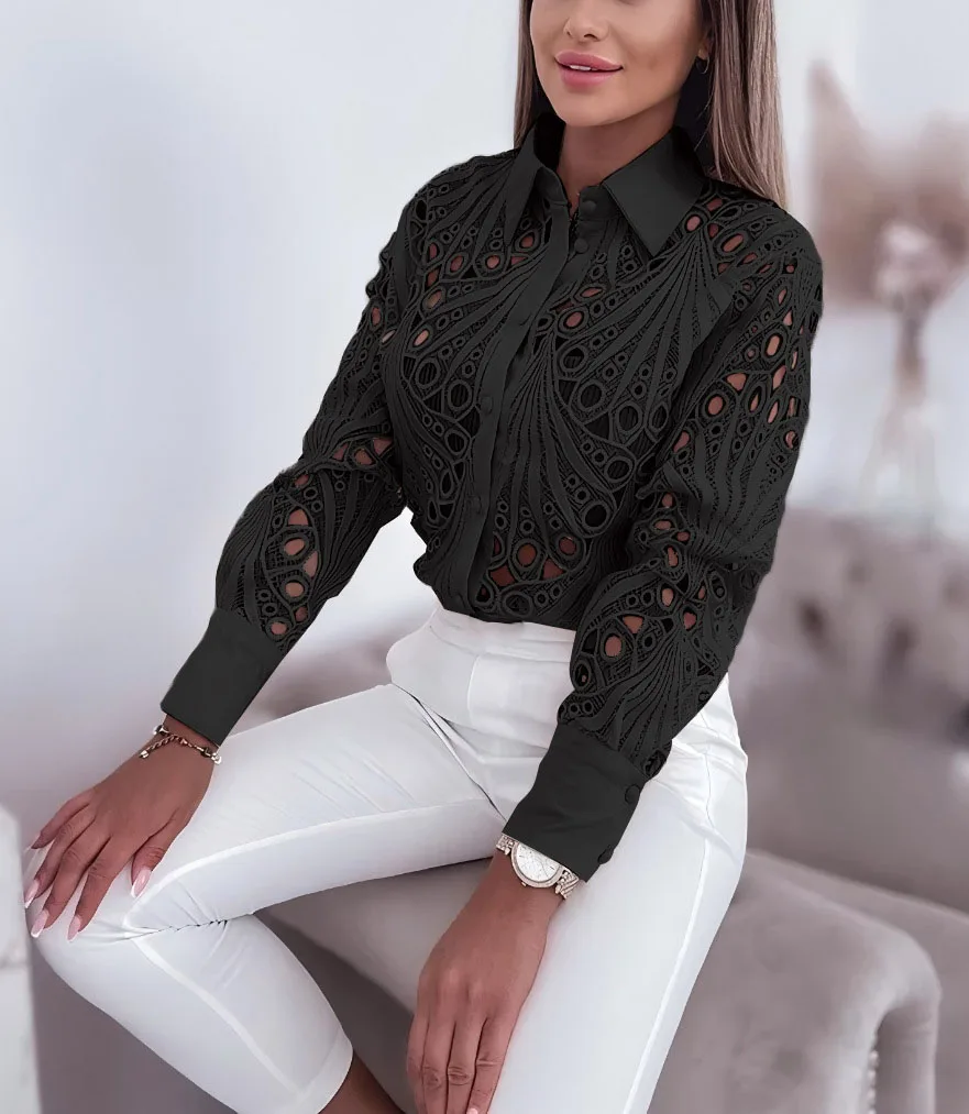 New Fashion Lace Hollow Long Sleeve Shirt For Women 2025 Spring Autumn Elegant Office Lady BlouseCasual Button ShirtsTops