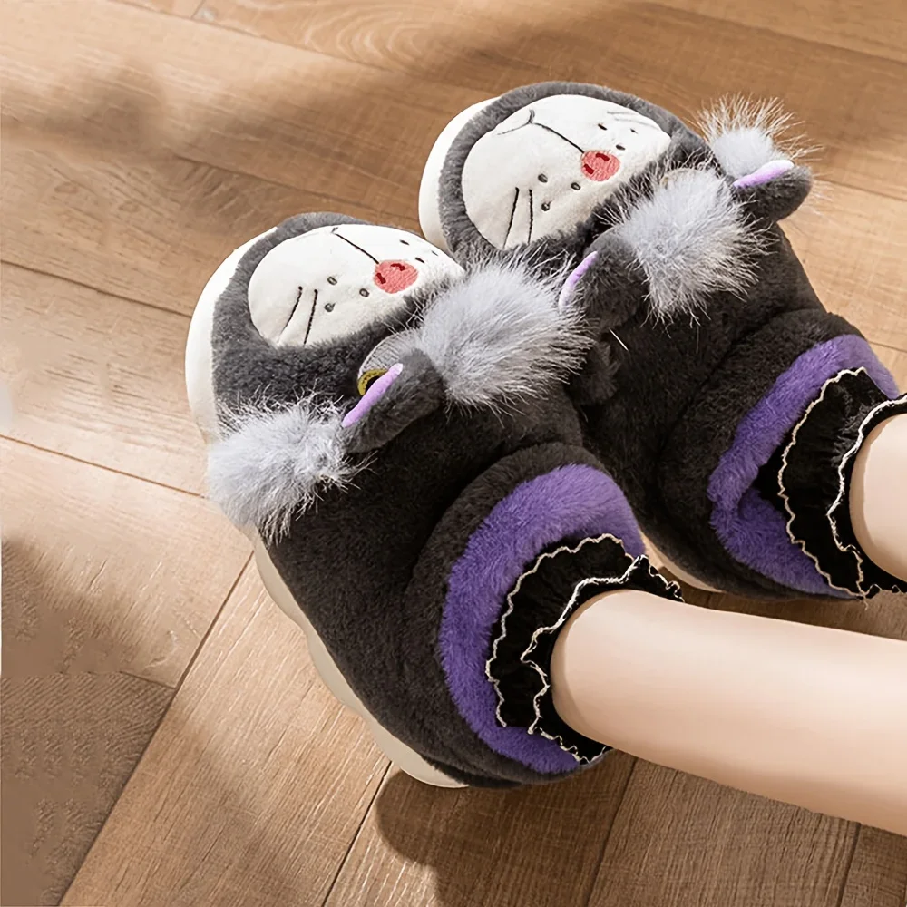 ZUOFU Unisex Plüsch-Hausschuhe mit grimmiger Cartoon-Katze, hohe Ausführung, Herbst-Winter, rutschfeste EVA-Sohle, warme knöchelhohe Baumwoll-Hausschuhe für drinnen – Detail 9