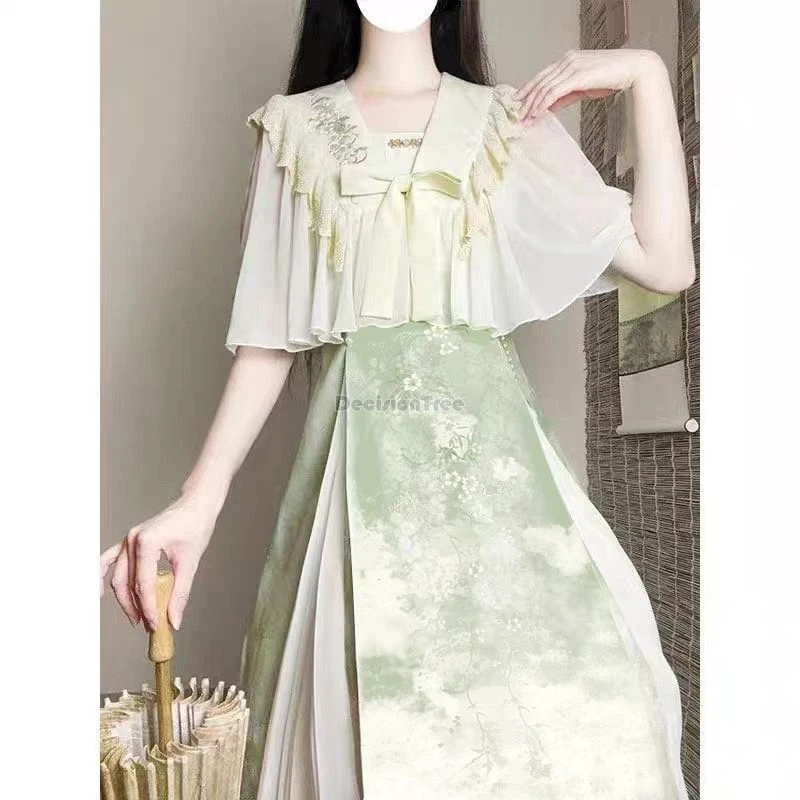 

Лето 2025 г., новое улучшенное женское платье ханьфу в китайском стиле, повседневная пряжа, шаль без рукавов с принтом, плиссированная длинная юбка, комплект ханьфу