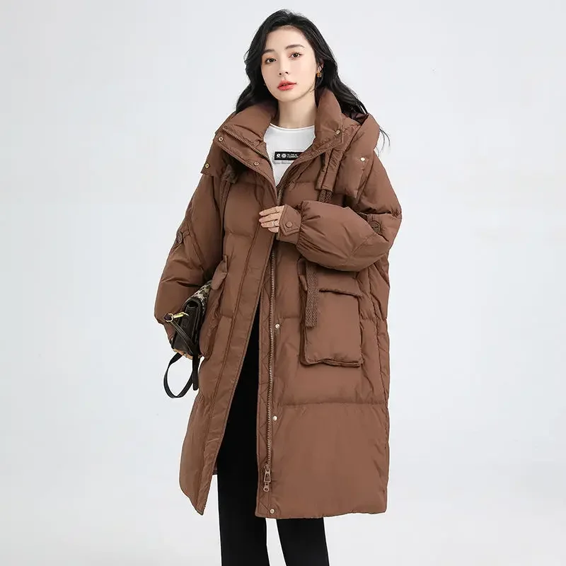 Veste doudoune ample à capuche en duvet de canard blanc pour femme, nouvelle collection hiver 2025