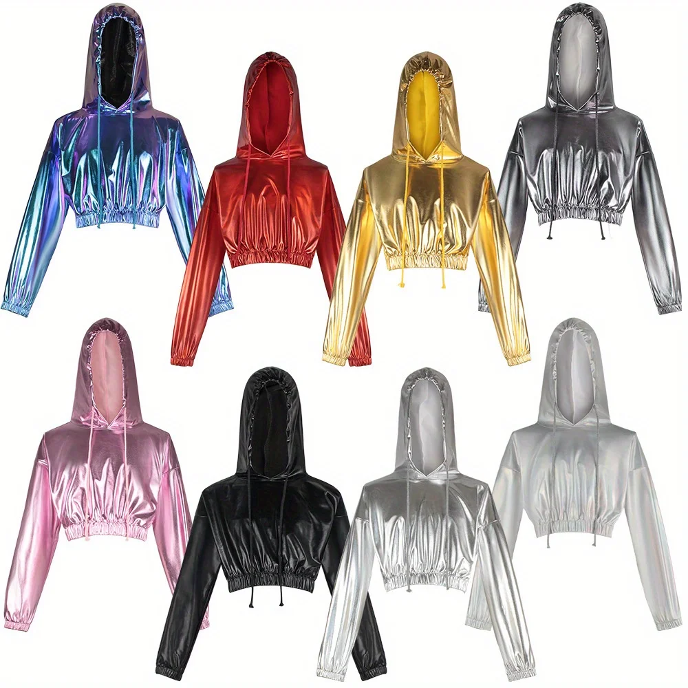 

Толстовка из золотой фольги на Хэллоуин — женский блестящий кожаный укороченный топ, свитер с капюшоном и длинными рукавами, сценический костюм для косплея