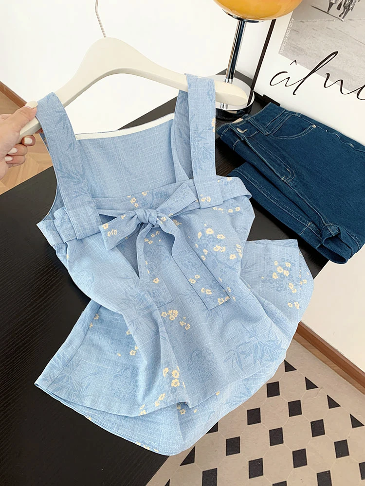 

Sweet Bal Embroidered Top with Bow Tie for Women Summer Slim Fit Sle No Sve One oulder Design Chinese Origin