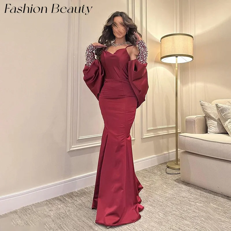 Fashion Beauty Red Prom Dresses Spaghetti Strap Floor-Length Mermaid Beaded Occassion Dress For Women 2024 vestidos de fiesta