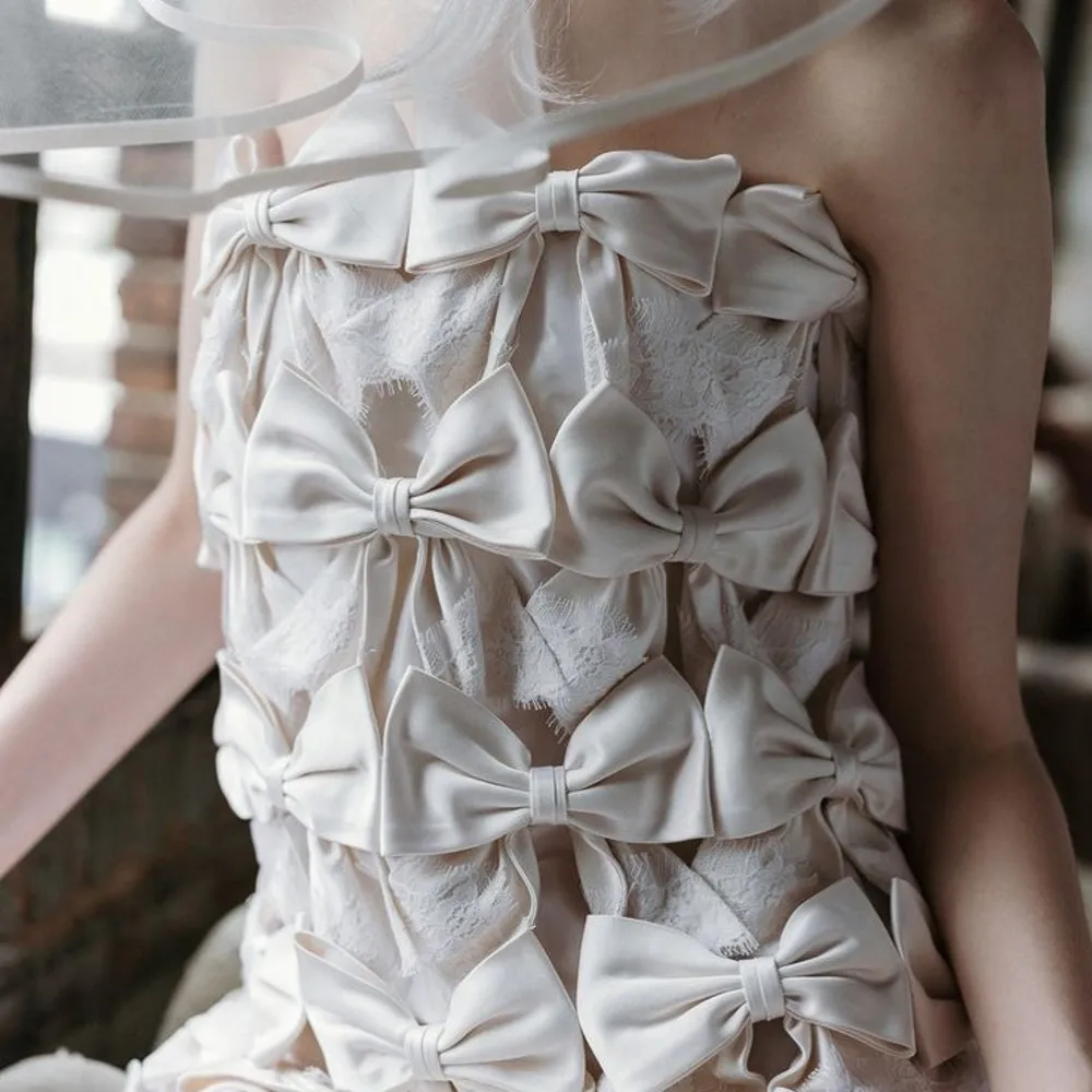 

Beautiful Bow Short Girls Party Dresses Strapless Lace Bow Women Borthday Party Mini Dress