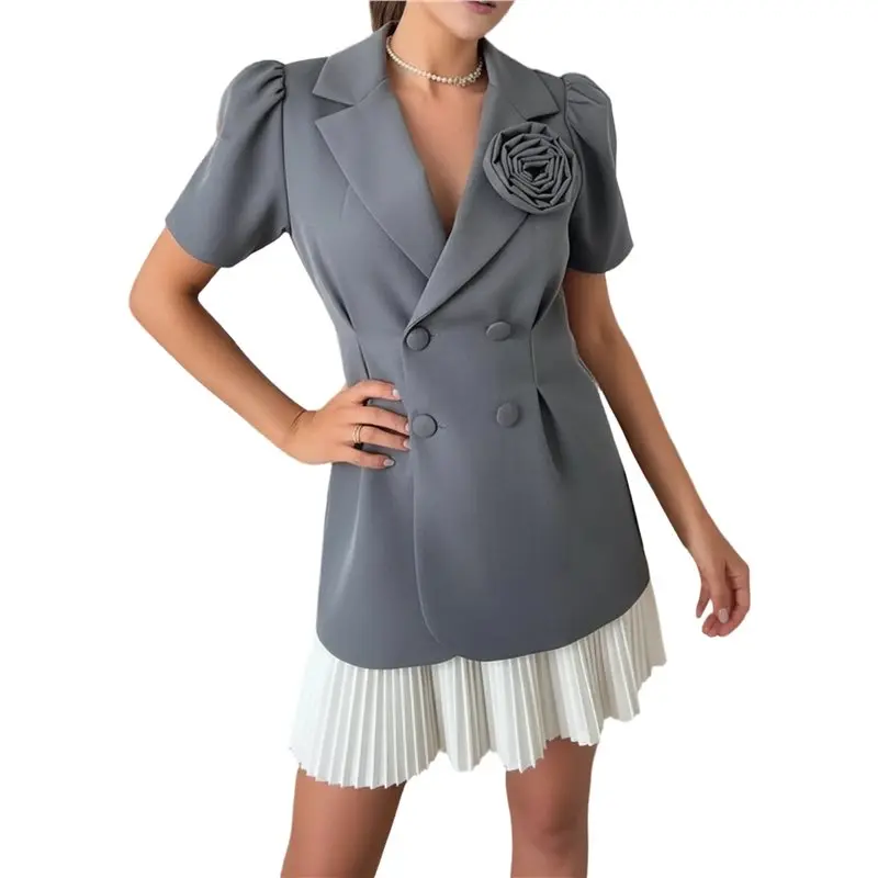 

CYL-Women's Color Block 2 Piece Outfit With Crop Blazer And Pleated Mini Skirt Set