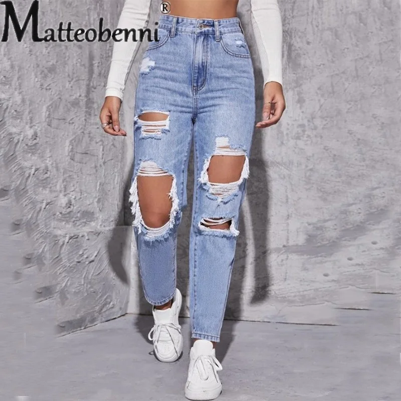 Fashion Broken Holes Hollow Out Straight Jeans Women High Waist Denim Pants Female Daily Comfortable Casual Trousers Streetwear