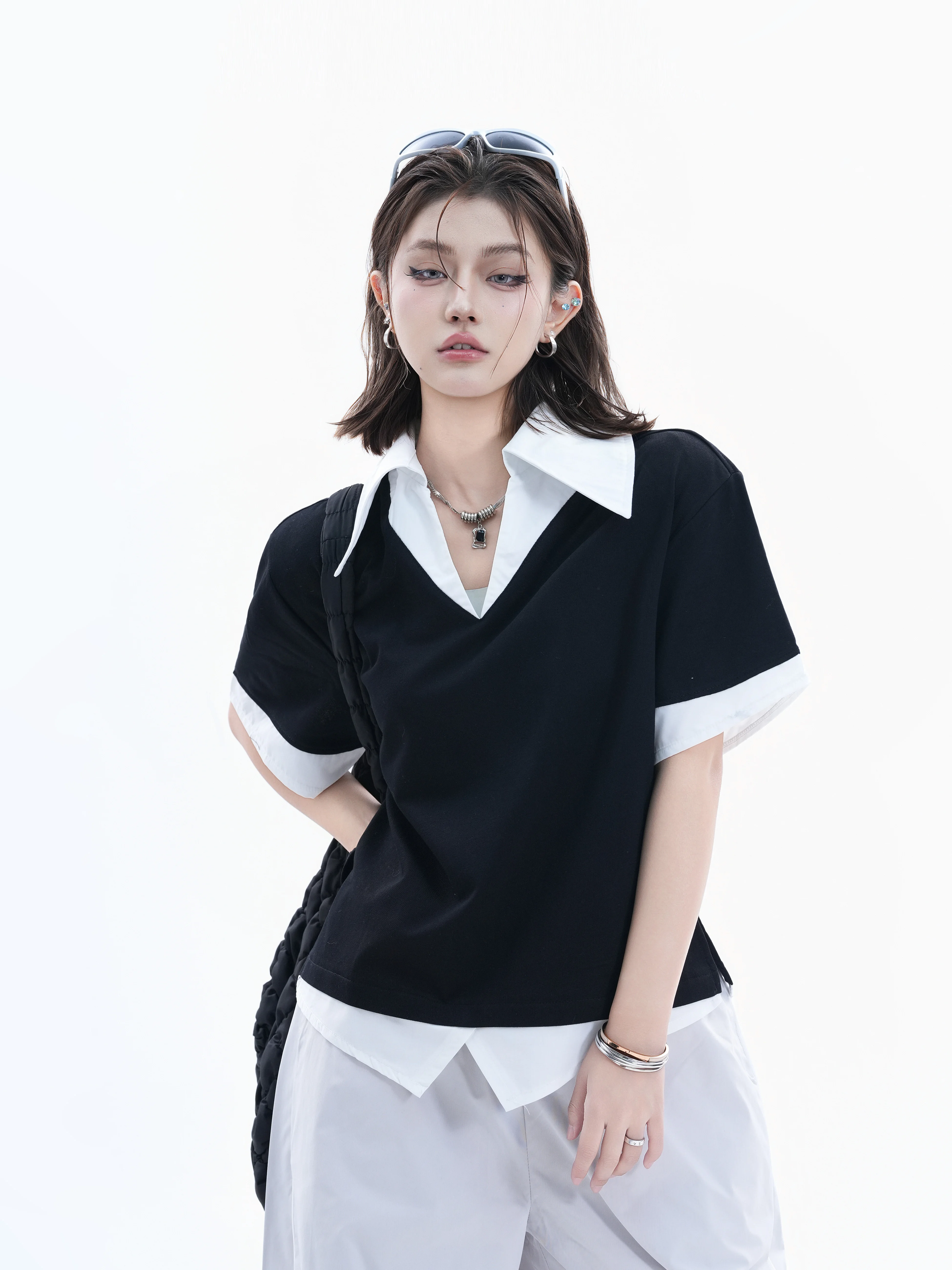 

American Style Color Block Shirt Women Loose Short Sleeve Turn Collar Couple Tops Cotton Polyester Blend Summer Wear