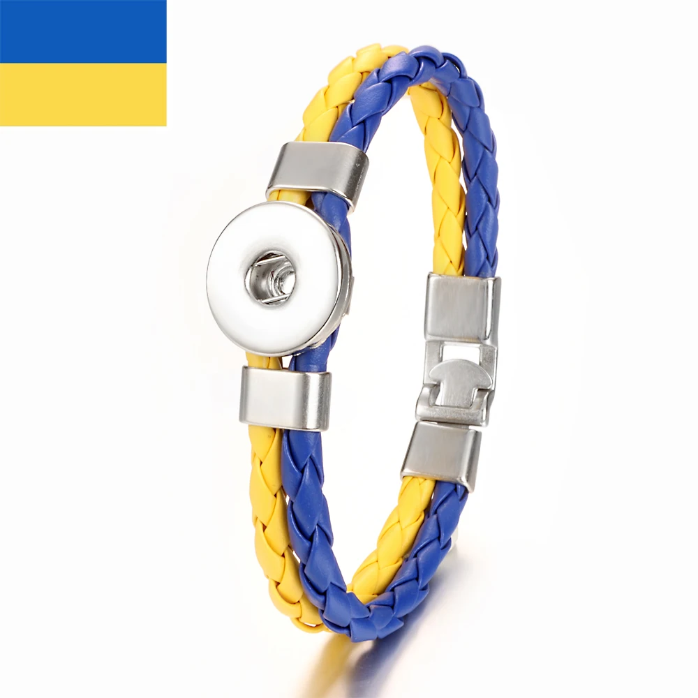 Easy-hook Weave National Flag 331 Pu Leather Fit 18mm Snaps Button Bangle Bracelet Charm Jewelry For Women Men Gift 22cm