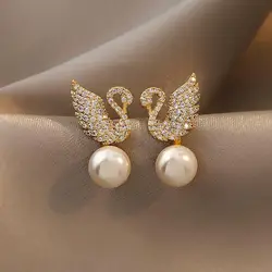 S925 Silver Needle Earrings For Women Swan Zircon Inlay Brick Ear Studs Shiny Upscale Luxury Simple Temperament Pearl Earrings