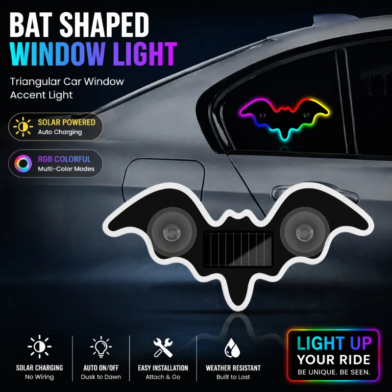 1Pc Solar LED Triangle Window Bat Lamp Wireless Neon Glow Ambient Light Car Interior Decoration Lamp
