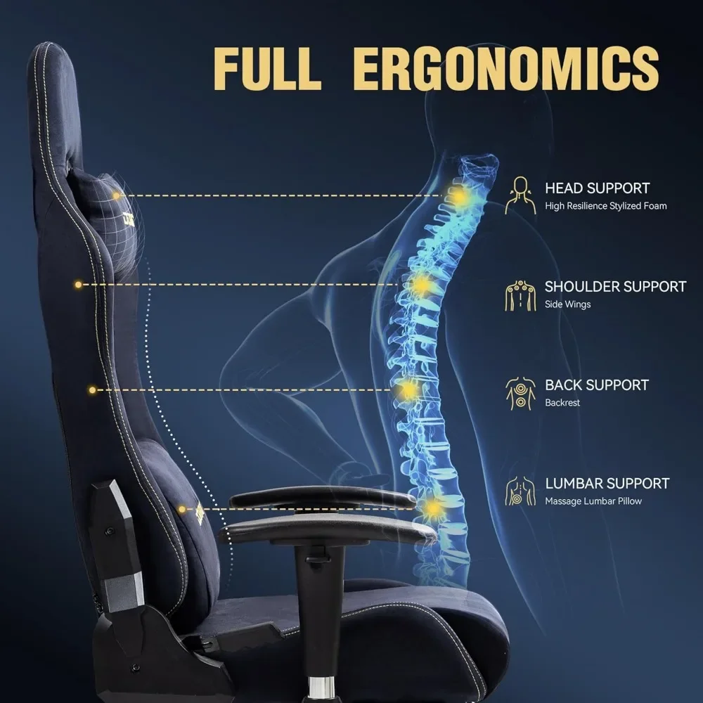 Gaming Chair with Massage Lumbar Support, Suede Fabric Ergonomic Computer Chair with Footrest for Adults, High Back Reclining