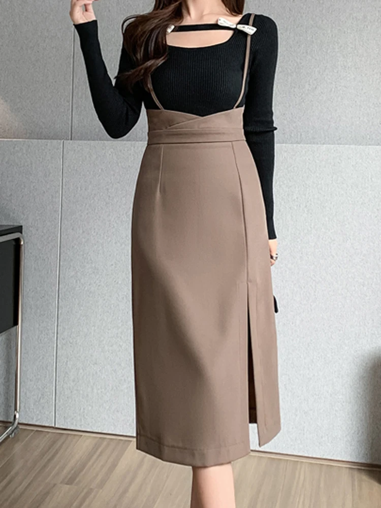 Split Sling Skirt Women Suspender Skirts Autumn 2024New Korean Sexy Fashion Versatile Solid Color Minimalist High Waist Hip Wrap