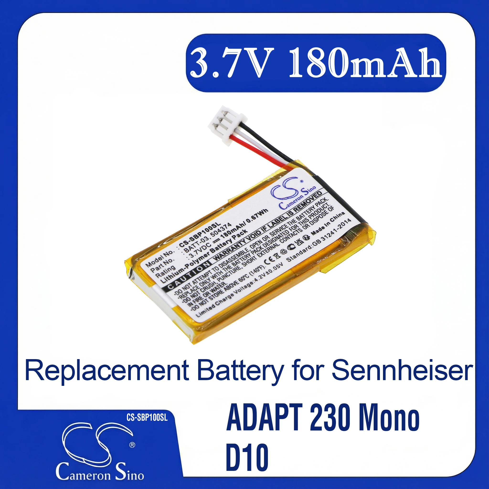Batería de Repuesto Cameron Sino para Sennheiser ADAPT 230 Mono, D10, DW Office, DW Office ML, PN 504374, BATT-03