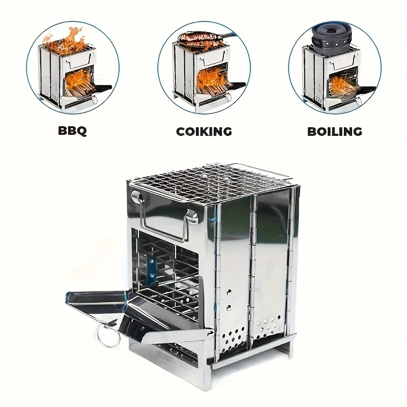 موقد حطب محمول من الفولاذ المقاوم للصدأ للتخييم والنزهات والشواء - مدمج وخفيف الوزن