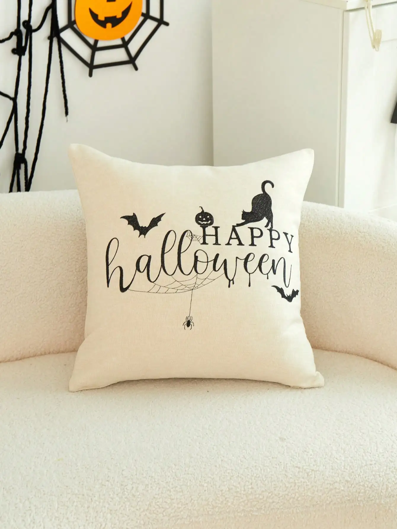 1pc Beige Happy Halloween Embroidered Pillow Case, Halloween Black Cat Pillow Cover, Suitable For Indoor Decoration, Halloween Decor, All-Season Pillow Case, Without Insert
