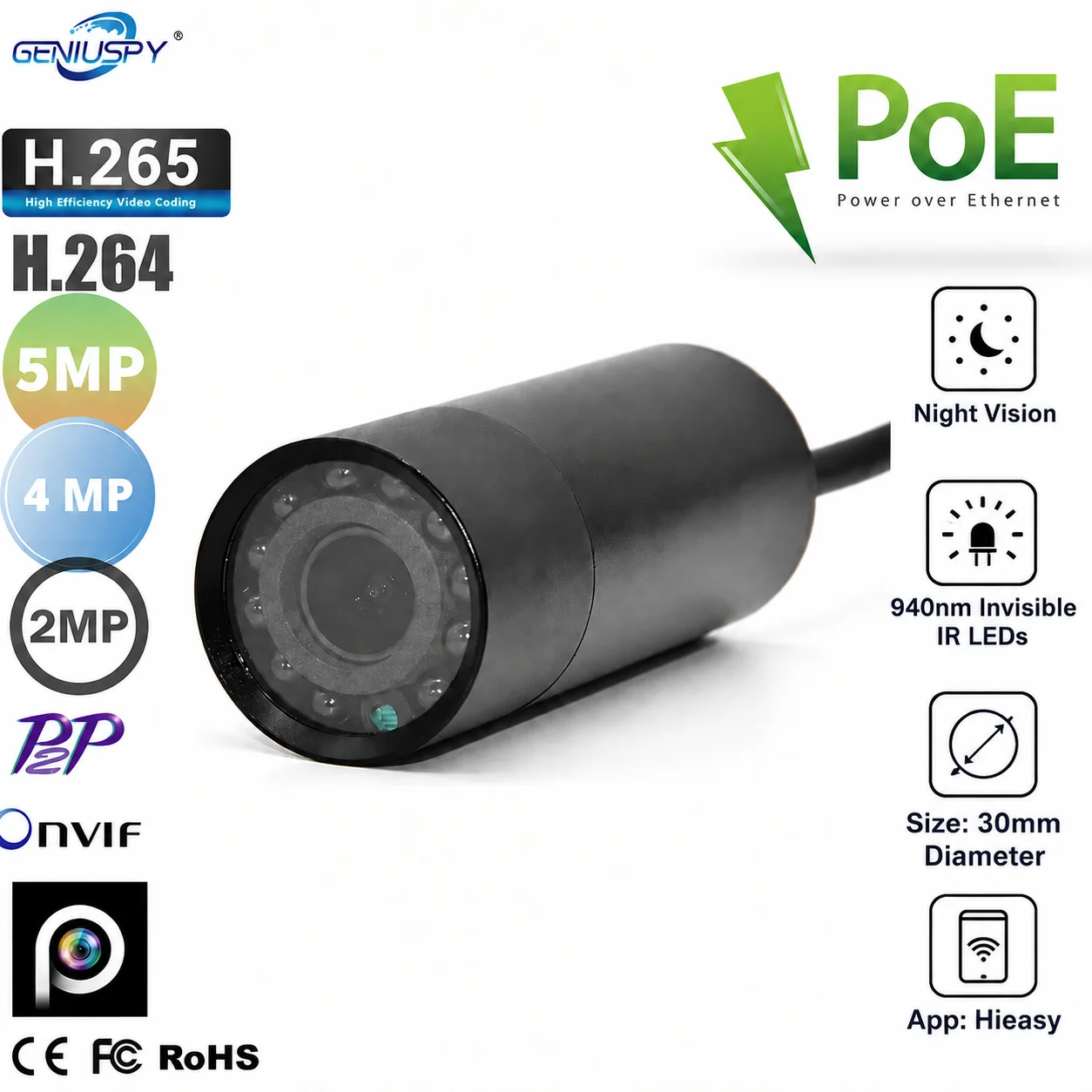 940nm IR 5MP 4MP 2MP POE Lux POE Waterproof Surveillance Network Onvif P2P Web Micro Bullet Mini IP Camera Mines Industry Use