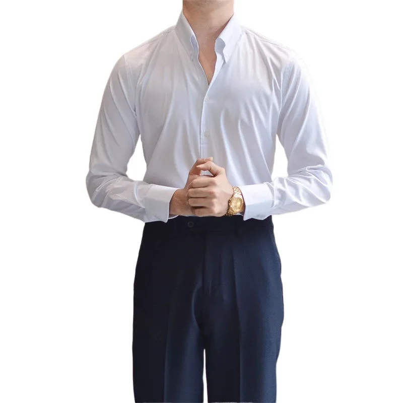 Camisa blanca de manga larga con solapa para hombre, camisa de diseño italiano de alta gama, informal de negocios, ajustada, no texturizada de hierro