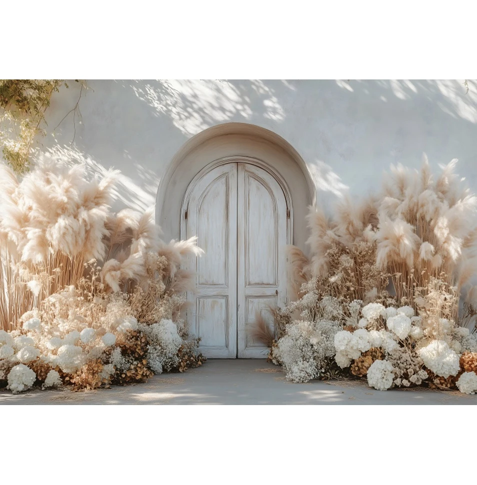 Boho Pampas Grass Wood Door Backdrop for Photography Wedding Portrait Birthday Party Pregnant Art Photo Background Wall Decor