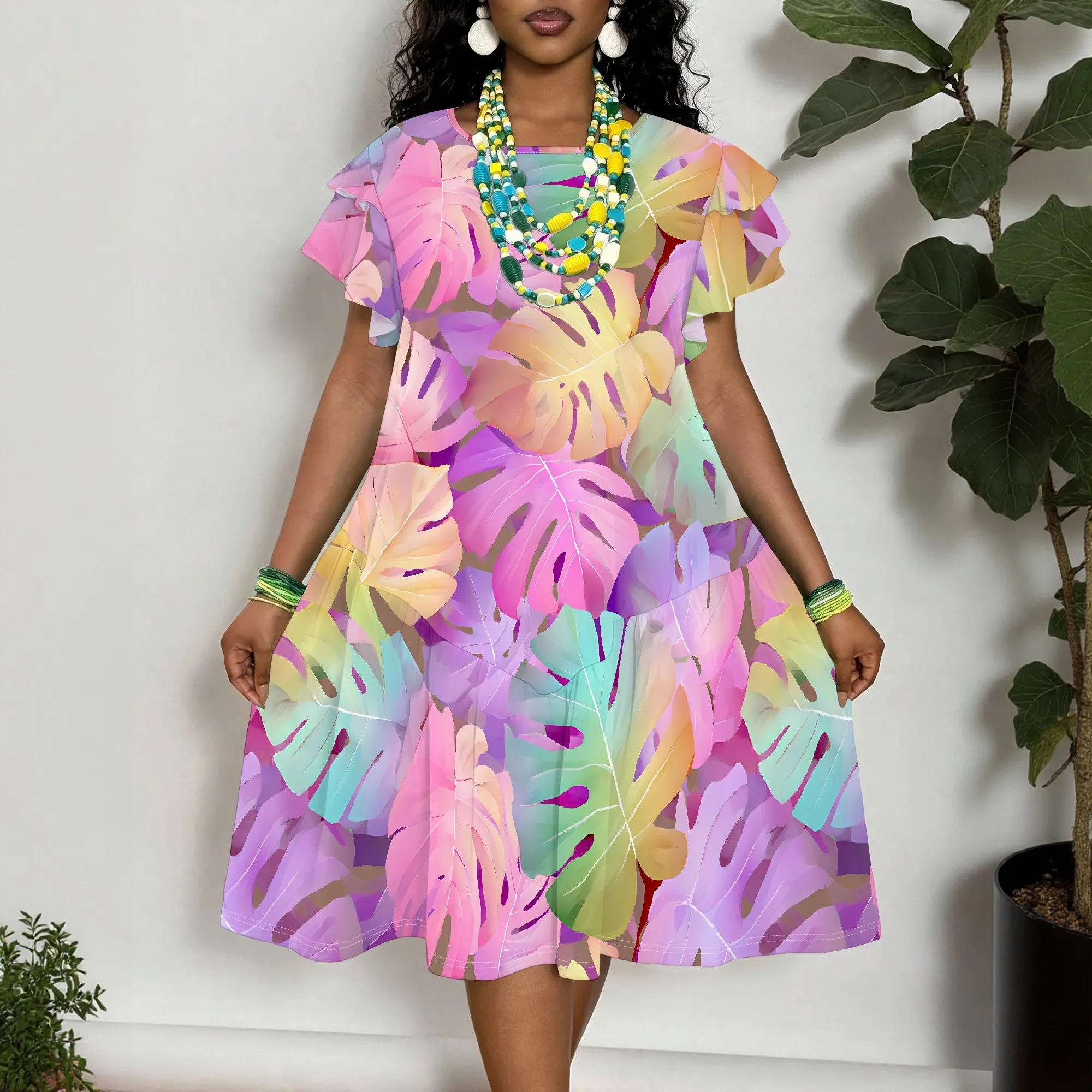 

Vibrant Tropical Leaf Print Dress for Women - Colorful Monstera Pattern Short Sleeve A-Line Summer Swing Dress
