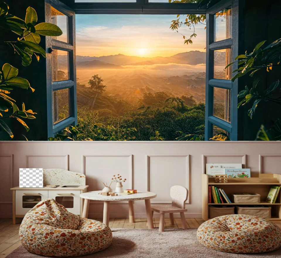 Custom size wallpaper windows forest plants flower mountains beach scenery, murals, living room, bedroom space extension mural