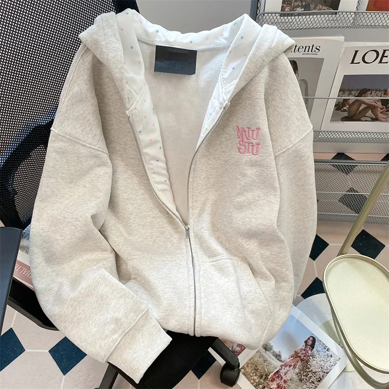 Korean Style Colorful Polka Dot Hoodies Women's Embroidery Long Sleeved Loose Sweatshirt Chic Casual Patchwork Zipper Outerwear