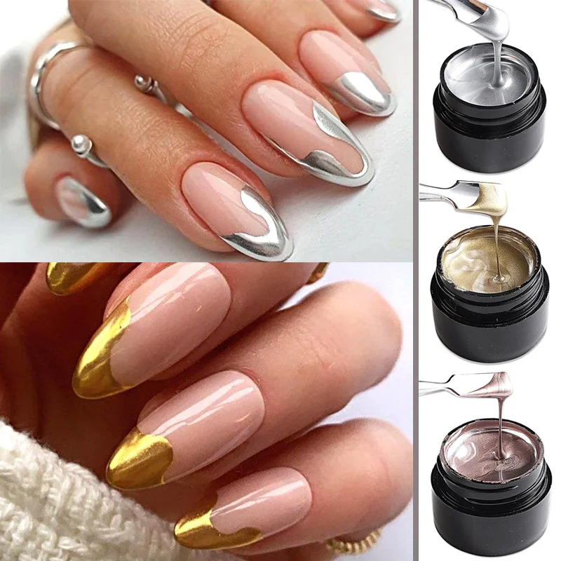 Esmalte em Gel Metálico Cromado Dourado Prateado Rosé Gold Efeito Espelhado Super Brilhante para Desenho de Linhas e Arte de Unhas Francesas