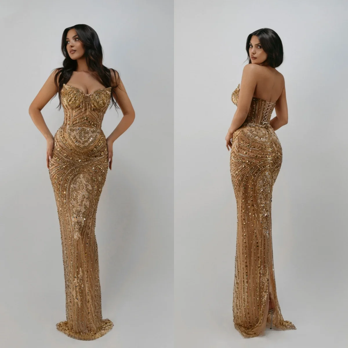 Gold Evening Dress Slim-line Lace Full Appliques Crystal Strapless Sleeveless Court Gown Prom Dress Vestido De Noite Customized