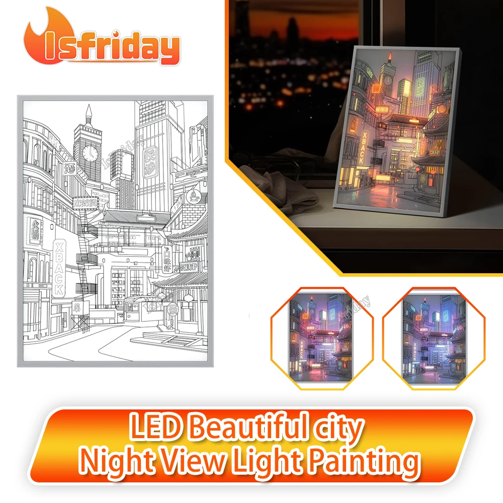 라이트페인팅,Anime LED Beautiful City Night View Light Painting,HD Picture Narrow Bezel Usb Dimming Home Decorations Night Lamp