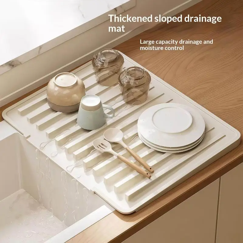 【M】Heat-Resistant Silicone Sink Drying Mat Non-slip Slope Diversion Kitchen Drain Mat Quick Drain Flexible Thick Sink Mat
