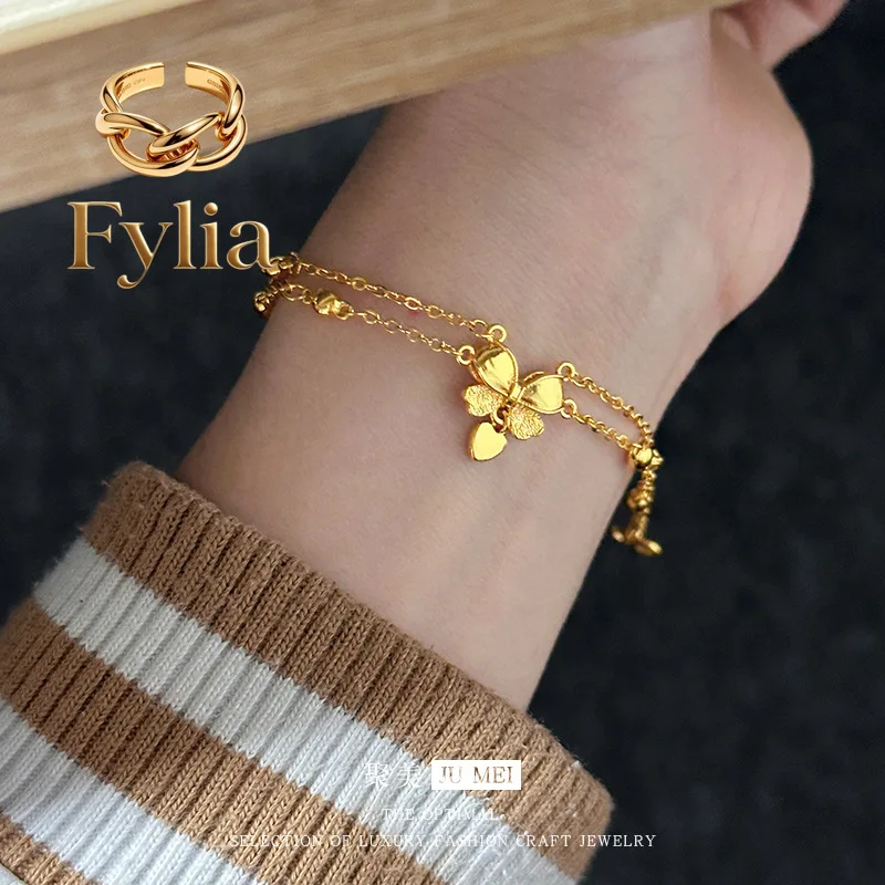 Fylia Jewelry New Chinese style 999924K real gold escaped princess bow bracelet for women popular love light luxury double-la