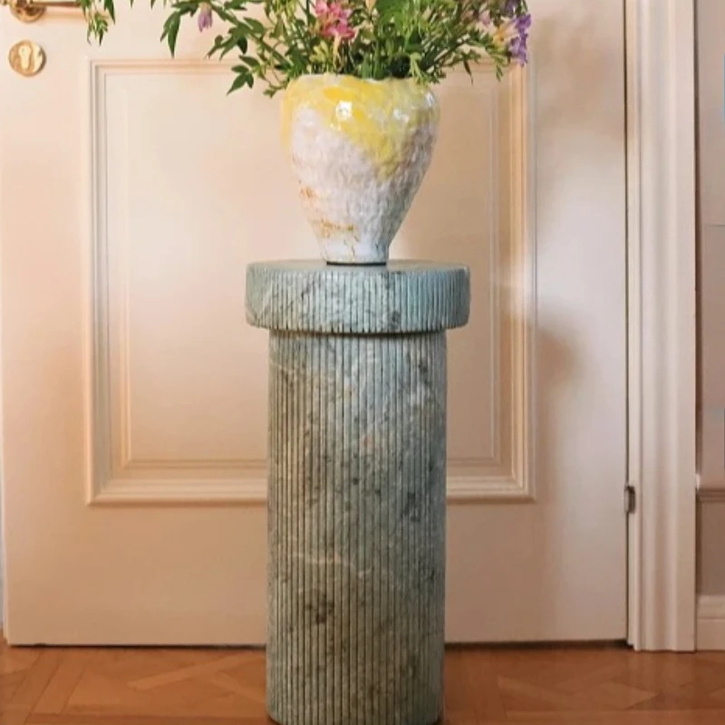 Green Edge Imitation Marble Roman Column Side Table for Homestay Living Room Medieval Tea Table Design Artistic Decor  Furniture