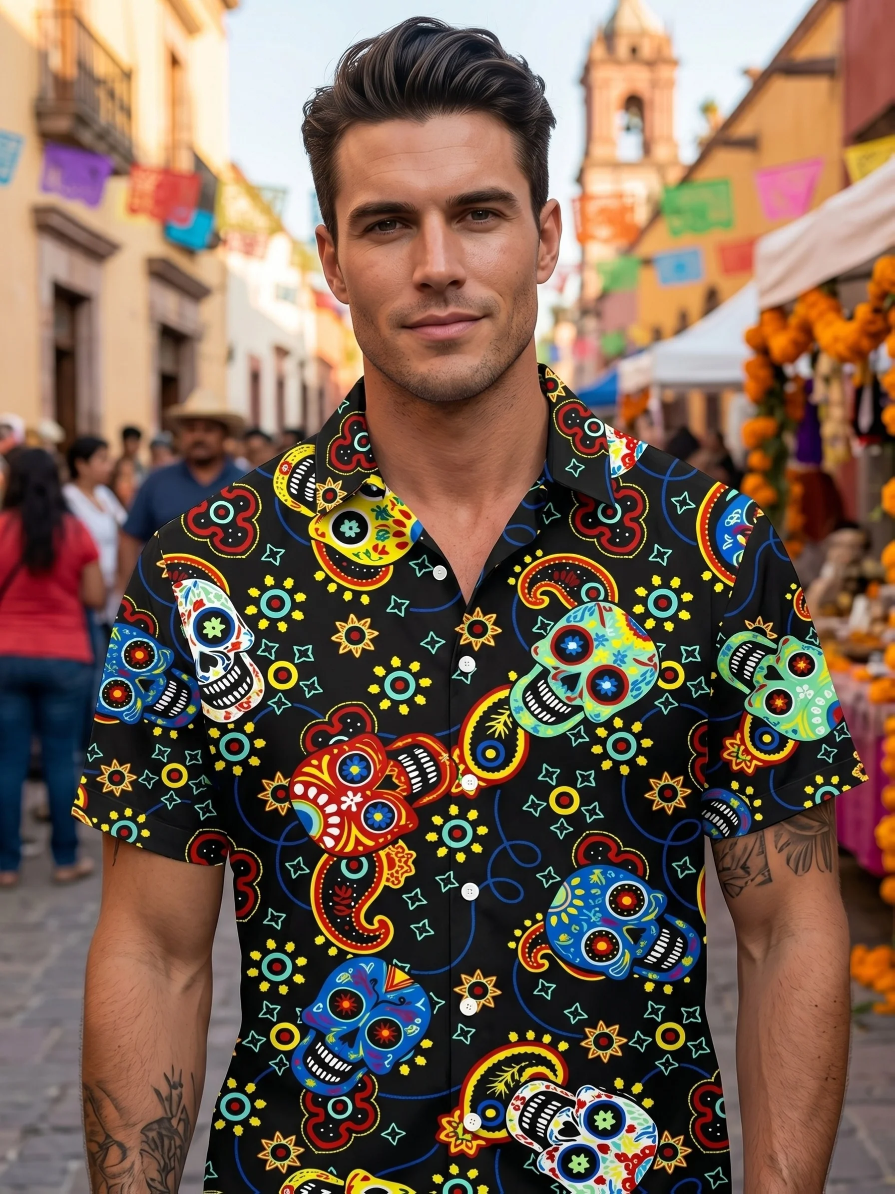 Men Short Sleeve Shirt Colorful Sugar Skull Paisley Print Turn‑Down Collar Hawaiian Casual Tops