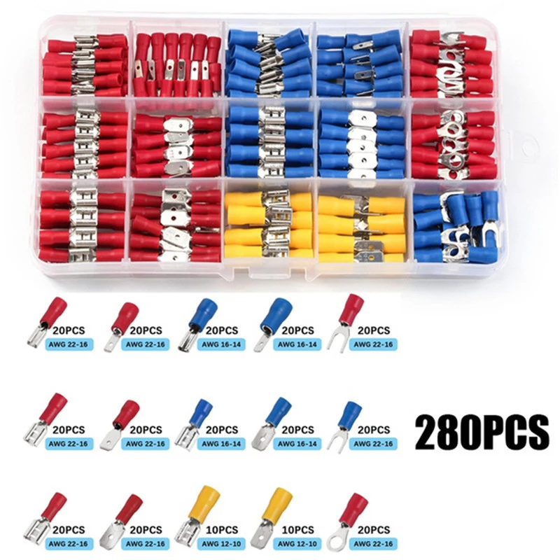 Electrical Wire Crimp Spade Butt Ring Fork Set Ring Lugs Rolled Terminals Assorted Kit 280PCS Insulated Cable Connector