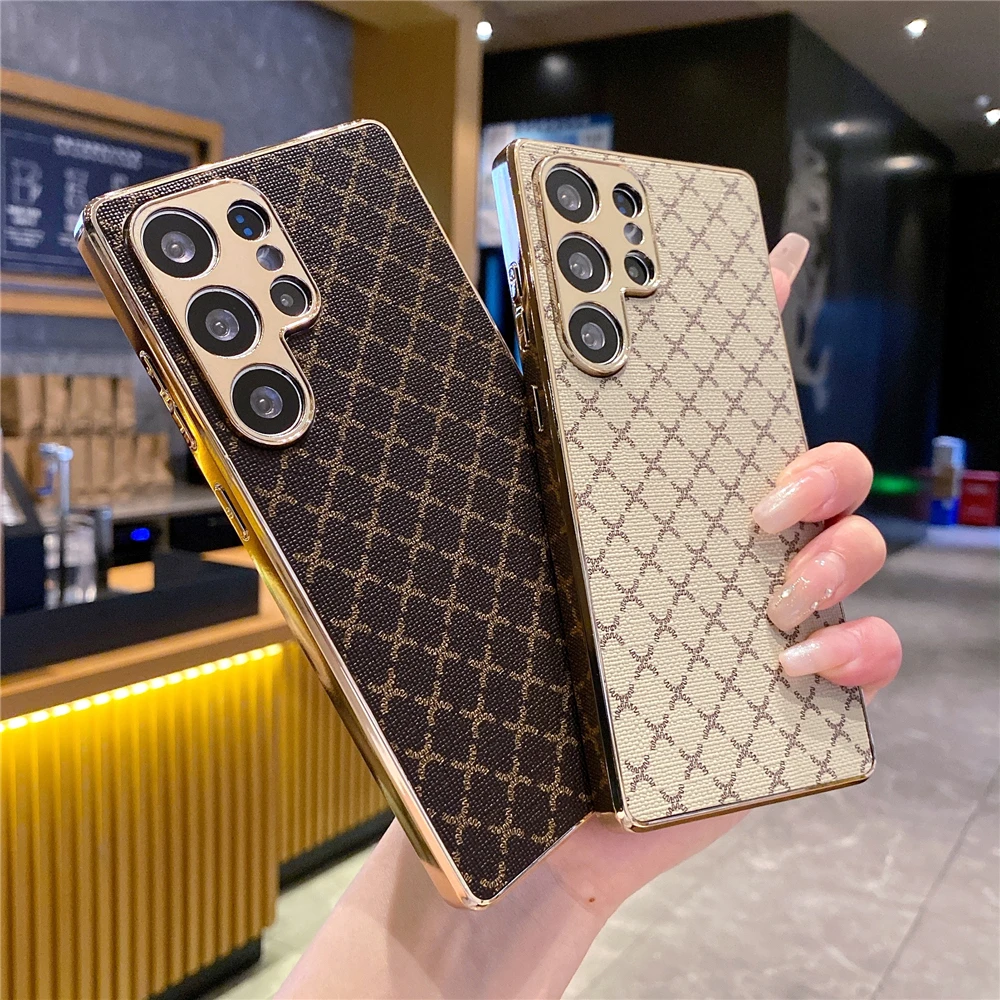 Luxuriöse vergoldete Glitzer-Abdeckung, Retro-Gittermuster, Leder-Handyhülle für Samsung S26 Ultra S25 Edge S24 Ultra S23 FE S25 Plus