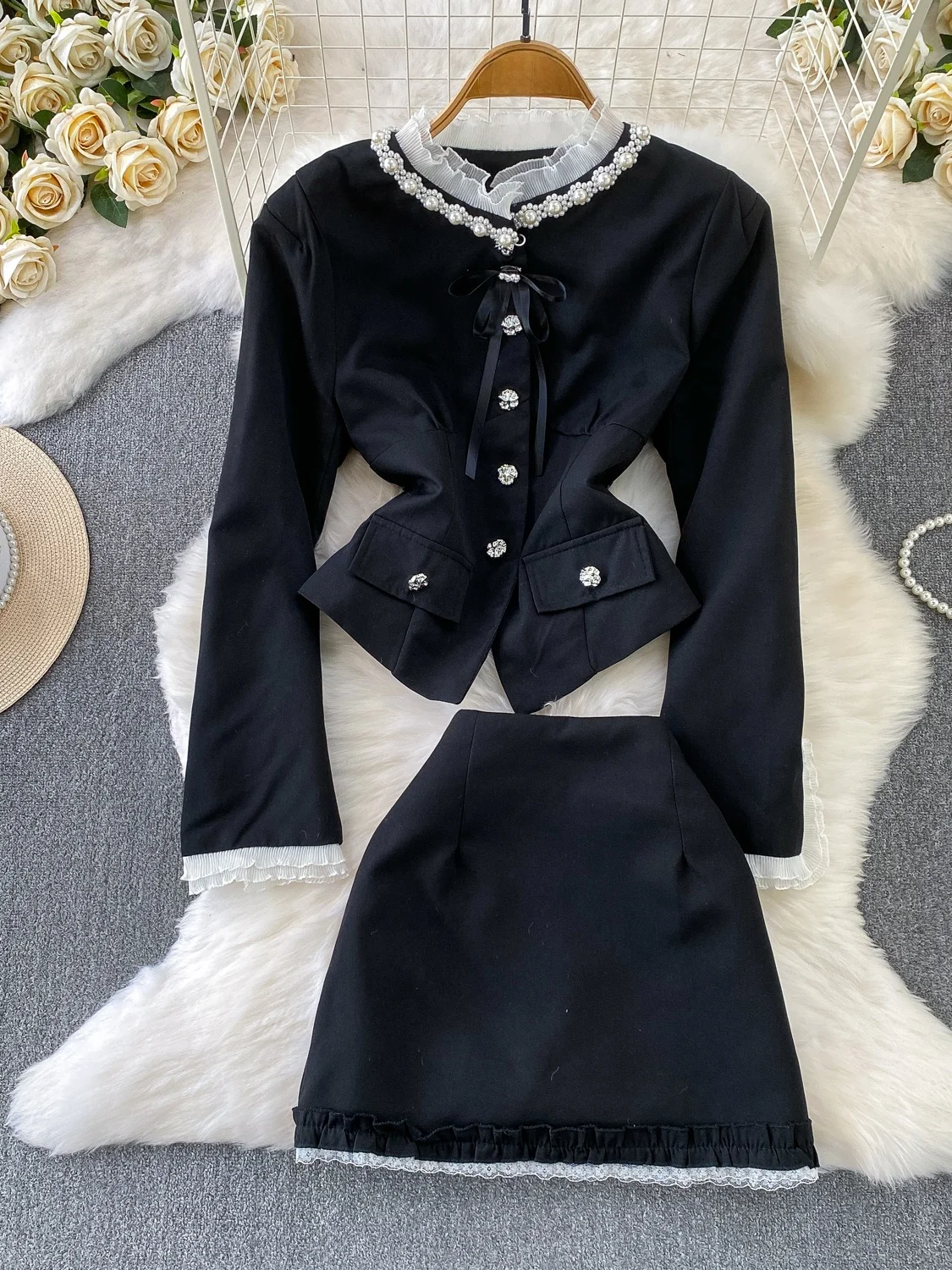 

Lace Trimmed round Neck Suit Jacket And Skirt Set Elegant Slimming Style Two Piece High Quality Fashion Ensemble