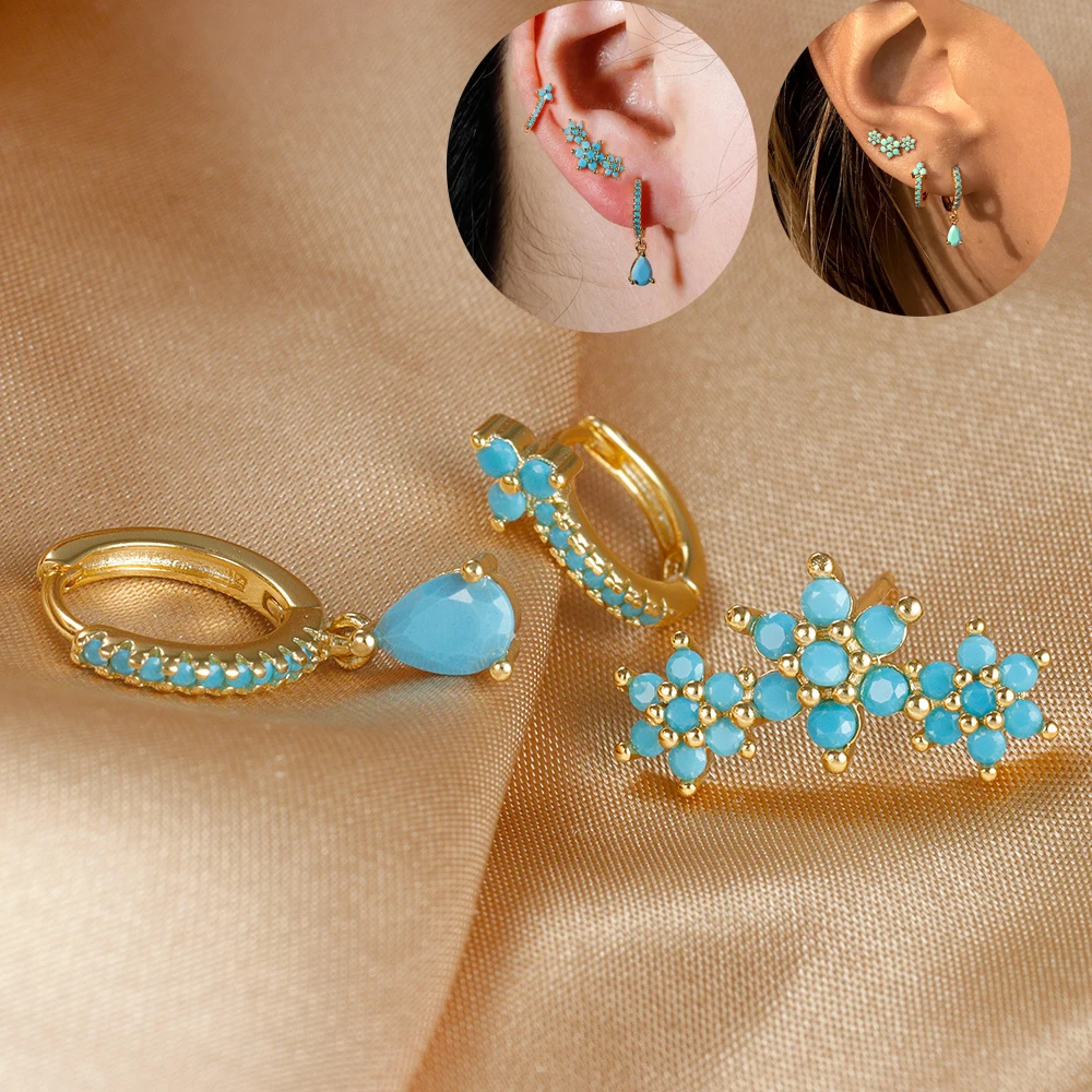 ชุดต่างหูห่วงสแตนเลส3ชิ้นสำหรับผู้หญิงต่างหูแบบเจาะสีฟ้าเพชรสังเคราะห์สีทองเครื่องประดับแบบเจาะกระดูกอ่อน