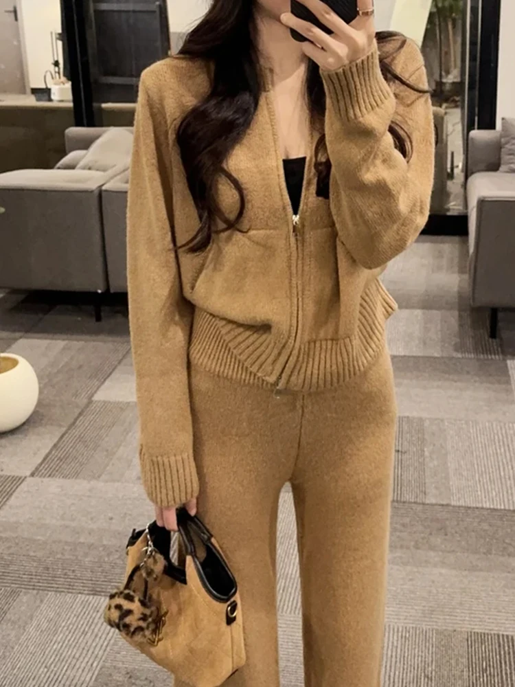 Women's Knitted Slim Fit Cardigan And High Waist Wide Leg Pants Faionable Two Piece Set Autumn Winter New Arrival Casual Sle