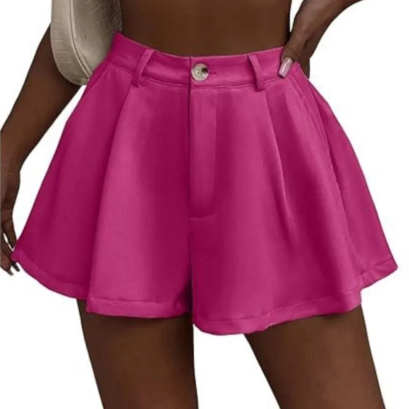 Women's Elastic High Waist Shorts Chic Wide-leg Flowing Shorts Pleated Button Formal Short Pants 2025 Summer Female New Clothing