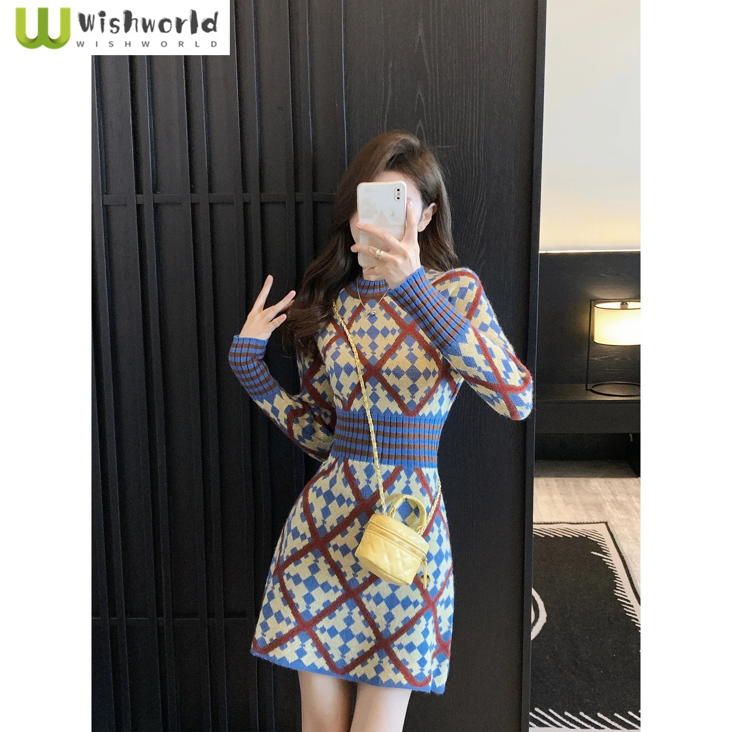 

Retro Long Sleeved Knitted Dress for Women in Autumn and Winter Slimming and Elegant Women's Short Skirt